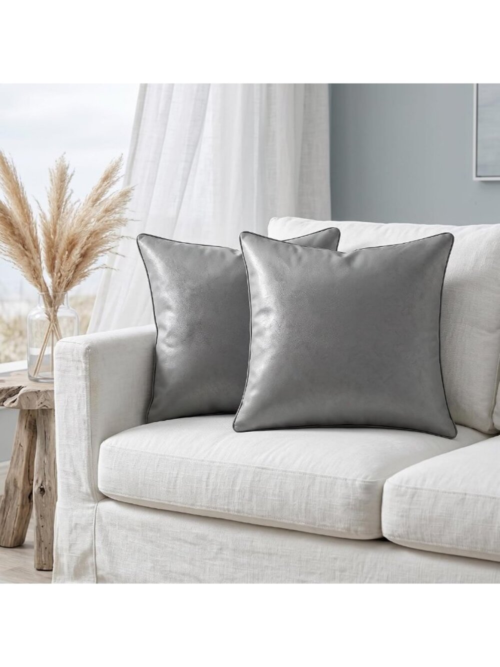 Set of 2 Gray Faux Leather Pillow Covers 20in, Water-Resistant & Stylish Decor